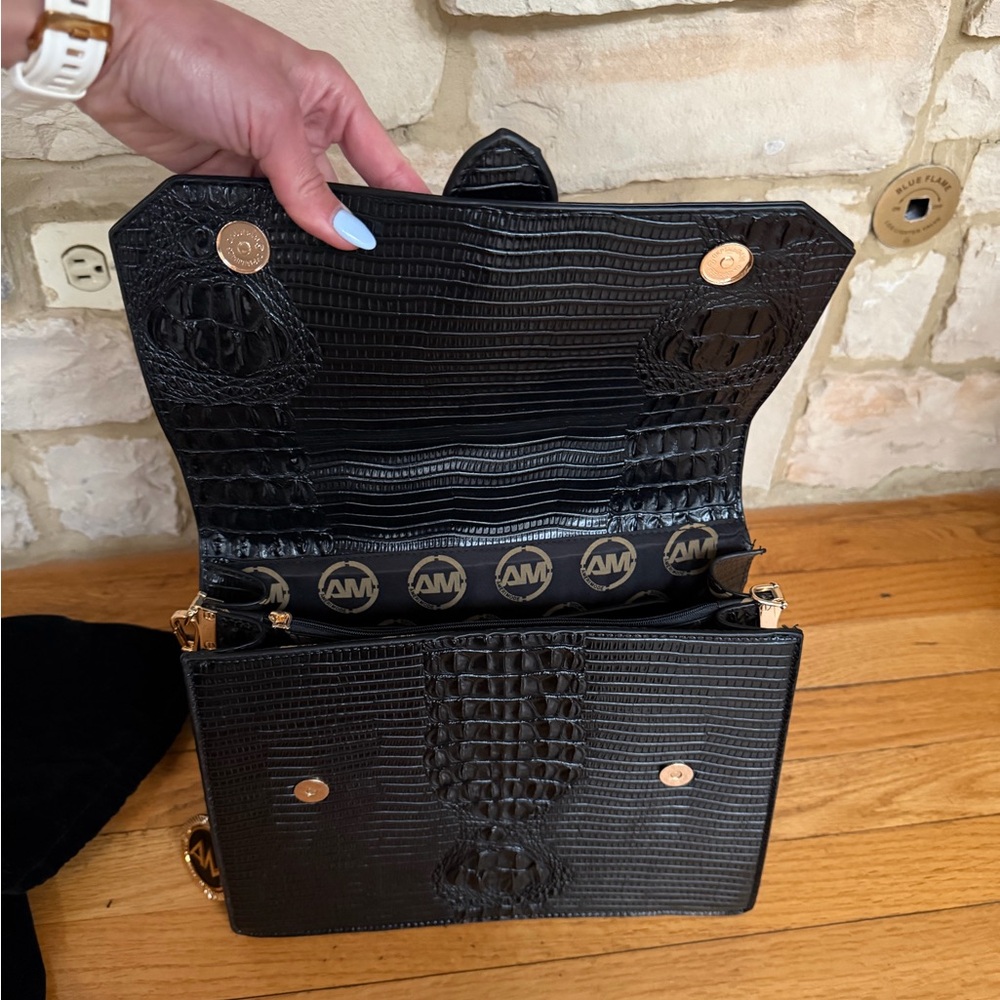 Black Croc-Embossed Structured Top-Handle Bag with Wallet - Picture 5 of 13